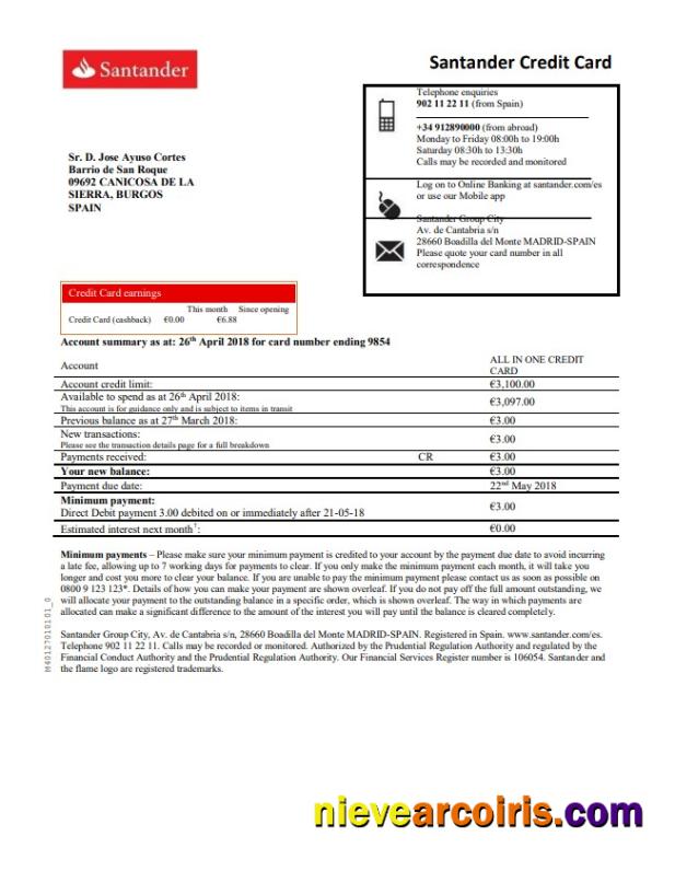 Spain Santander credit card proof of address bank statement in Word and PDF format